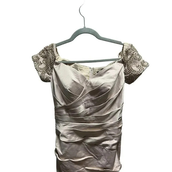 LA FEMME Champagne Beaded Back Off the Shoulder Ruched Crepe Satin Gown - Picture 5 of 11